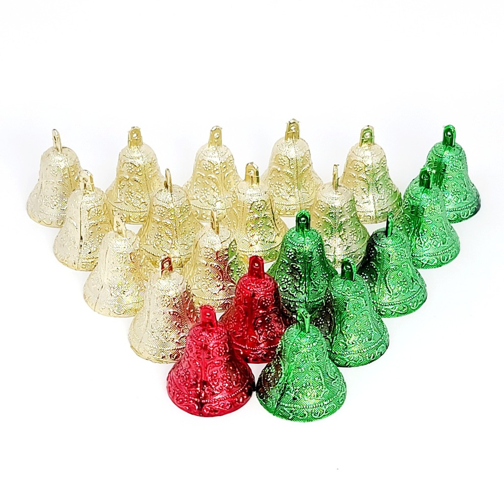 Lot of 20 Plastic Christmas Bell Shape Ornaments 2.25" Metallic (No Clappers)